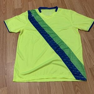 Score Neon Yellow Soccer Jersey w/Blue & Green Diagonal Stripe - Size YL - New